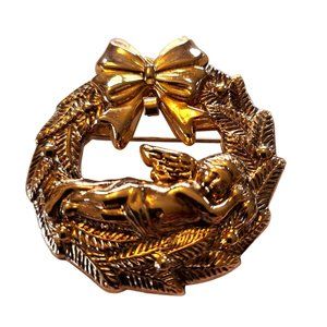 HOLIDAY CHRISTMNAS PIN BROOCH SILVER AND GOLD TONE CHERUB SLEEPING